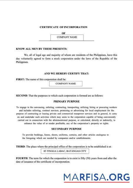Printable Philippines Batangas certificate of incorporation Word and PDF template